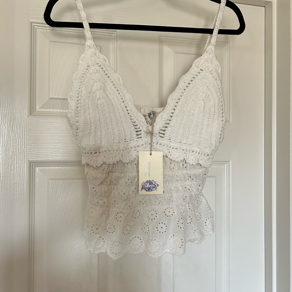 White Crochet Lace Tank Top, NWT, size Medium, American Flirt, Boho